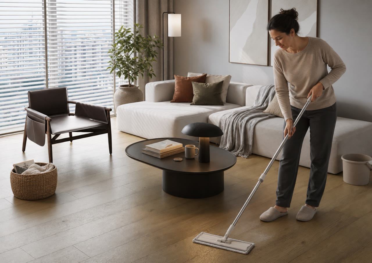 Женщина моет напольное покрытие в гостиной